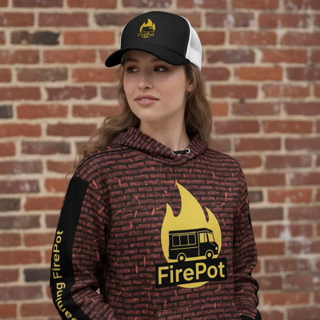 Close-up detail of hoodie and cap