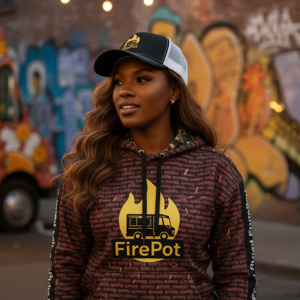 Close-up detail shot - hoodie and cap branding