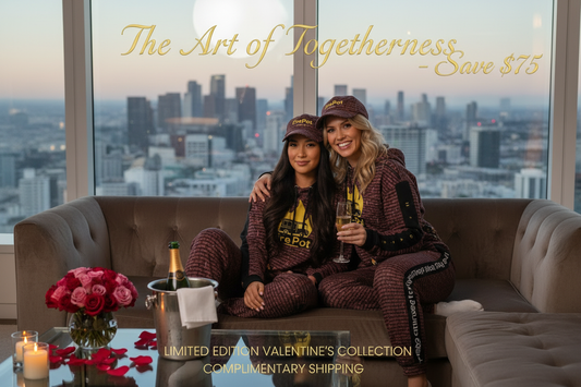 Valentine's Day Sisters Surprise Set - Luxury high-rise couple in matching FirePot brick wall hoodies and pajama pants